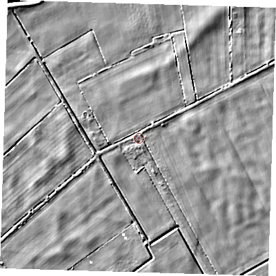 Shaded relief map of the ground around PE135NJ, computed from Environment Agency LiDAR. The ground here sits at about 1 m above sea level and falls 5 m across the surrounding 800 m. Surface water reaching this point runs off ground lying to the north-east, 2.4 m higher.
