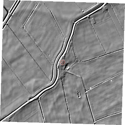Shaded relief map of the ground around PE135NL, computed from Environment Agency LiDAR. The ground here sits at about 3 m above sea level and falls 5 m across the surrounding 800 m. The ground contributing surface water to this point lies to the north-west.