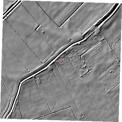 Shaded relief map of the ground around PE135NP, computed from Environment Agency LiDAR. The ground here sits at about 1 m above sea level and falls 4 m across the surrounding 800 m. Surface water reaching this point runs off ground lying to the west, 1.5 m higher.