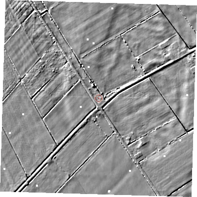 Shaded relief map of the ground around PE135NS, computed from Environment Agency LiDAR. The ground here sits at about 0 m above sea level and falls 4 m across the surrounding 800 m. Surface water reaching this point runs off ground lying to the north-north-west, 2.9 m higher.