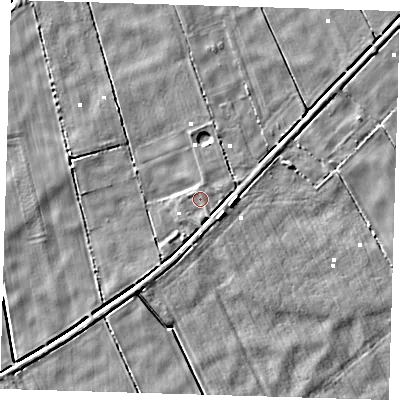 Shaded relief map of the ground around PE135NU, computed from Environment Agency LiDAR. The ground here sits at about 0 m above sea level and falls 5 m across the surrounding 800 m. Surface water reaching this point runs off ground lying to the south-south-east, 2.1 m higher.