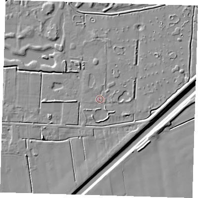 Shaded relief map of the ground around PE135NZ, computed from Environment Agency LiDAR. The ground here sits at about 2 m above sea level and falls 7 m across the surrounding 800 m. Surface water reaching this point runs off ground lying to the north, 0.8 m higher.
