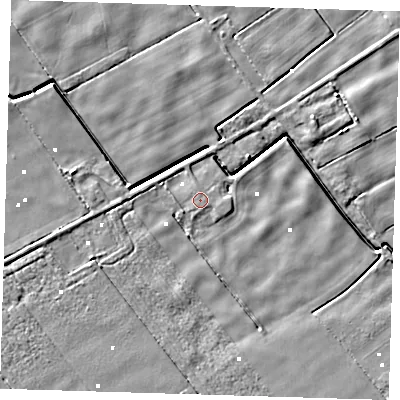 Shaded relief map of the ground around PE135PB, computed from Environment Agency LiDAR. The ground here sits at about 0 m above sea level and falls 5 m across the surrounding 800 m. The ground contributing surface water to this point lies to the north.