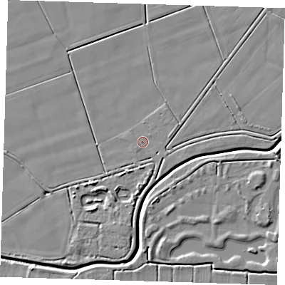 Shaded relief map of the ground around PE135PD, computed from Environment Agency LiDAR. The ground here sits at about 2 m above sea level and falls 6 m across the surrounding 800 m. Surface water reaching this point runs off ground lying to the south, 3.3 m higher.