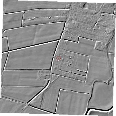 Shaded relief map of the ground around PE135PF, computed from Environment Agency LiDAR. The ground here sits at about 3 m above sea level and falls 5 m across the surrounding 800 m. The ground contributing surface water to this point lies to the east-north-east.
