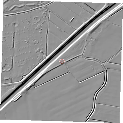 Shaded relief map of the ground around PE135PG, computed from Environment Agency LiDAR. The ground here sits at about 3 m above sea level and falls 7 m across the surrounding 800 m. Surface water reaching this point runs off ground lying to the west-south-west, 2.1 m higher.