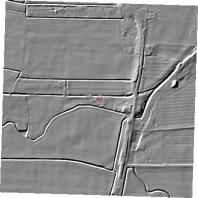 Shaded relief map of the ground around PE135PJ, computed from Environment Agency LiDAR. The ground here sits at about 3 m above sea level and falls 7 m across the surrounding 800 m. Surface water reaching this point runs off ground lying to the east-south-east, 3.0 m higher.