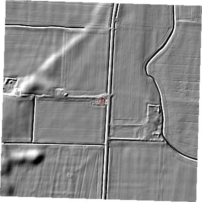 Shaded relief map of the ground around PE135PL, computed from Environment Agency LiDAR. The ground here sits at about 4 m above sea level and falls 5 m across the surrounding 800 m. Surface water reaching this point runs off ground lying to the west, 1.3 m higher.