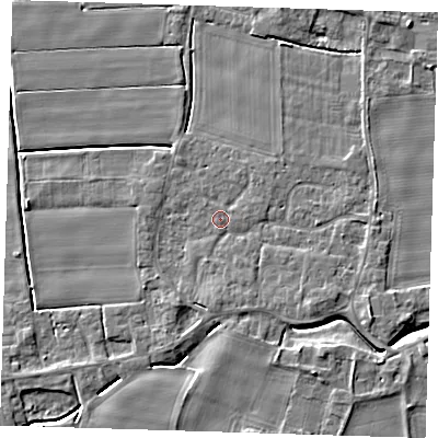 Shaded relief map of the ground around PE135PP, computed from Environment Agency LiDAR. The ground here sits at about 3 m above sea level and falls 5 m across the surrounding 800 m. Surface water reaching this point runs off ground lying to the south-east, 2.3 m higher.