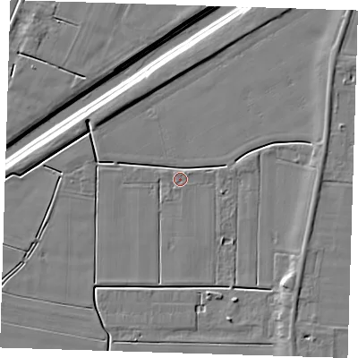 Shaded relief map of the ground around PE135PQ, computed from Environment Agency LiDAR. The ground here sits at about 2 m above sea level and falls 7 m across the surrounding 800 m. Surface water reaching this point runs off ground lying to the north-north-west, 3.8 m higher.