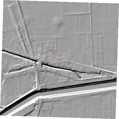 Shaded relief map of the ground around PE135QA, computed from Environment Agency LiDAR. The ground here sits at about 4 m above sea level and falls 8 m across the surrounding 800 m. Surface water reaching this point runs off ground lying to the west, 7.3 m higher.
