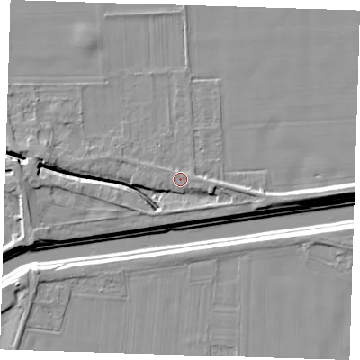Shaded relief map of the ground around PE135QB, computed from Environment Agency LiDAR. The ground here sits at about 4 m above sea level and falls 10 m across the surrounding 800 m. Surface water reaching this point runs off ground lying to the east-south-east, 7.6 m higher.
