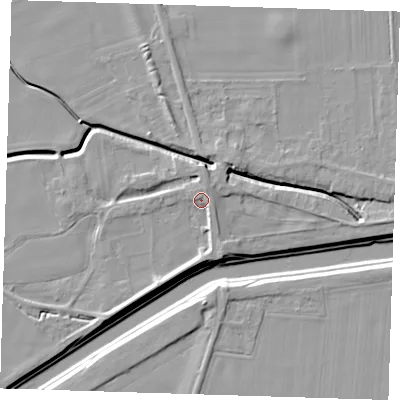 Shaded relief map of the ground around PE135QD, computed from Environment Agency LiDAR. The ground here sits at about 5 m above sea level and falls 8 m across the surrounding 800 m. Surface water reaching this point runs off ground lying to the north-north-east, 2.9 m higher.