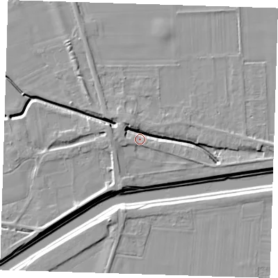 Shaded relief map of the ground around PE135QF, computed from Environment Agency LiDAR. The ground here sits at about 4 m above sea level and falls 8 m across the surrounding 800 m. Surface water reaching this point runs off ground lying to the north-west, 7.3 m higher.