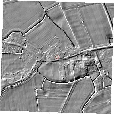 Shaded relief map of the ground around PE135QH, computed from Environment Agency LiDAR. The ground here sits at about 4 m above sea level and falls 5 m across the surrounding 800 m. Surface water reaching this point runs off ground lying to the north-north-east, 0.6 m higher.