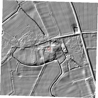 Shaded relief map of the ground around PE135QJ, computed from Environment Agency LiDAR. The ground here sits at about 3 m above sea level and falls 5 m across the surrounding 800 m. Surface water reaching this point runs off ground lying to the east-north-east, 1.9 m higher.