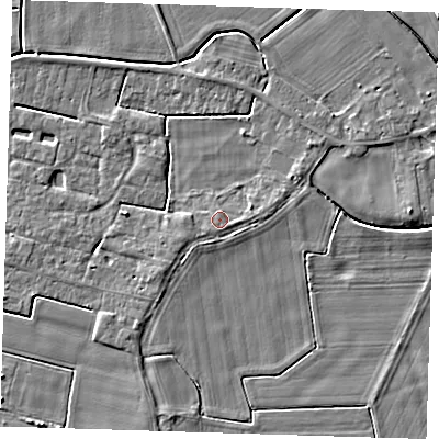 Shaded relief map of the ground around PE135QL, computed from Environment Agency LiDAR. The ground here sits at about 3 m above sea level and falls 4 m across the surrounding 800 m. Surface water reaching this point runs off ground lying to the north-north-east, 0.5 m higher.
