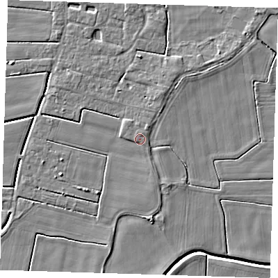 Shaded relief map of the ground around PE135QN, computed from Environment Agency LiDAR. The ground here sits at about 3 m above sea level and falls 5 m across the surrounding 800 m. The ground contributing surface water to this point lies to the north-north-east.