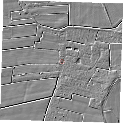 Shaded relief map of the ground around PE135QP, computed from Environment Agency LiDAR. The ground here sits at about 3 m above sea level and falls 4 m across the surrounding 800 m. Surface water reaching this point runs off ground lying to the south-west, 1.7 m higher.