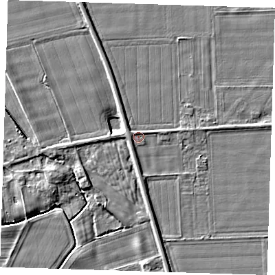 Shaded relief map of the ground around PE135QQ, computed from Environment Agency LiDAR. The ground here sits at about 4 m above sea level and falls 5 m across the surrounding 800 m. Surface water reaching this point runs off ground lying to the west-south-west, 1.1 m higher.