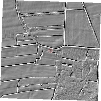Shaded relief map of the ground around PE135QS, computed from Environment Agency LiDAR. The ground here sits at about 2 m above sea level and falls 4 m across the surrounding 800 m. Surface water reaching this point runs off ground lying to the north-west, 2.1 m higher.