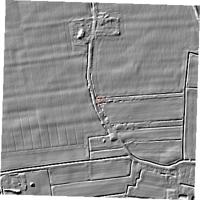 Shaded relief map of the ground around PE135QT, computed from Environment Agency LiDAR. The ground here sits at about 2 m above sea level and falls 4 m across the surrounding 800 m. Surface water reaching this point runs off ground lying to the north-east, 2.2 m higher.