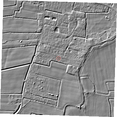 Shaded relief map of the ground around PE135QW, computed from Environment Agency LiDAR. The ground here sits at about 3 m above sea level and falls 4 m across the surrounding 800 m. The ground contributing surface water to this point lies to the north-west.