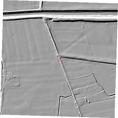 Shaded relief map of the ground around PE135QX, computed from Environment Agency LiDAR. The ground here sits at about 3 m above sea level and falls 8 m across the surrounding 800 m. Surface water reaching this point runs off ground lying to the east-north-east, 2.0 m higher.