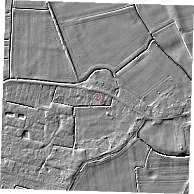 Shaded relief map of the ground around PE135QY, computed from Environment Agency LiDAR. The ground here sits at about 3 m above sea level and falls 4 m across the surrounding 800 m. Surface water reaching this point runs off ground lying to the north-north-west, 1.0 m higher.