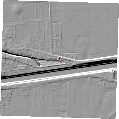 Shaded relief map of the ground around PE135RD, computed from Environment Agency LiDAR. The ground here sits at about 4 m above sea level and falls 10 m across the surrounding 800 m. Surface water reaching this point runs off ground lying to the east, 4.0 m higher.