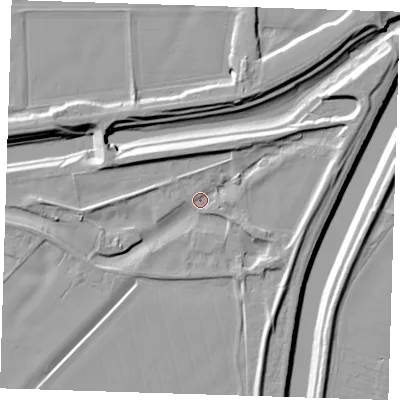 Shaded relief map of the ground around PE135RF, computed from Environment Agency LiDAR. The ground here sits at about 3 m above sea level and falls 10 m across the surrounding 800 m. Surface water reaching this point runs off ground lying to the east-north-east, 3.0 m higher.