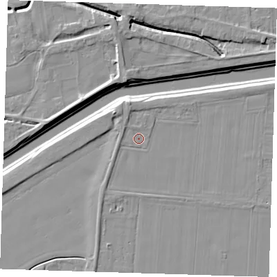 Shaded relief map of the ground around PE135RG, computed from Environment Agency LiDAR. The ground here sits at about 4 m above sea level and falls 8 m across the surrounding 800 m. Surface water reaching this point runs off ground lying to the north-west, 1.5 m higher.