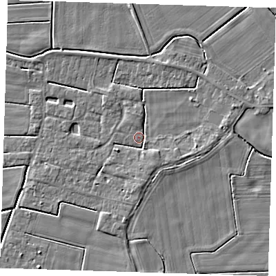 Shaded relief map of the ground around PE135RL, computed from Environment Agency LiDAR. The ground here sits at about 3 m above sea level and falls 4 m across the surrounding 800 m. Surface water reaching this point runs off ground lying to the west-south-west, 2.4 m higher.