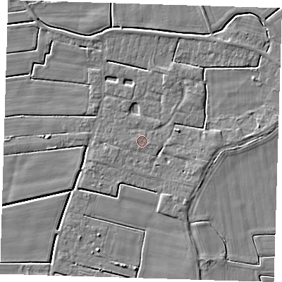 Shaded relief map of the ground around PE135RN, computed from Environment Agency LiDAR. The ground here sits at about 3 m above sea level and falls 4 m across the surrounding 800 m. The ground contributing surface water to this point lies to the west.