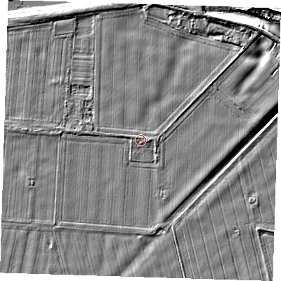 Shaded relief map of the ground around PE135RQ, computed from Environment Agency LiDAR. The ground here sits at about 4 m above sea level and falls 7 m across the surrounding 800 m. Surface water reaching this point runs off ground lying to the east-south-east, 0.8 m higher.