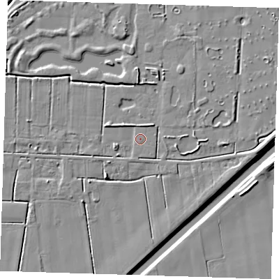Shaded relief map of the ground around PE135RR, computed from Environment Agency LiDAR. The ground here sits at about 3 m above sea level and falls 7 m across the surrounding 800 m. Surface water reaching this point runs off ground lying to the north-west, 2.2 m higher.
