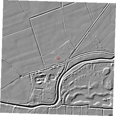 Shaded relief map of the ground around PE135RS, computed from Environment Agency LiDAR. The ground here sits at about 2 m above sea level and falls 6 m across the surrounding 800 m. Surface water reaching this point runs off ground lying to the south, 3.3 m higher.