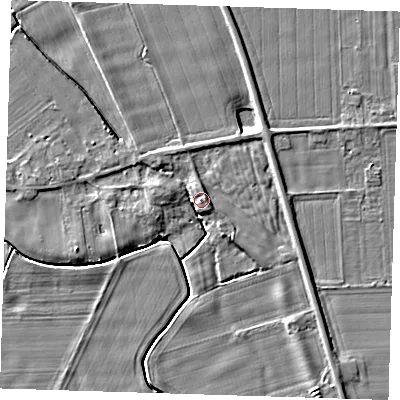 Shaded relief map of the ground around PE135SB, computed from Environment Agency LiDAR. The ground here sits at about 5 m above sea level and falls 5 m across the surrounding 800 m. Surface water reaching this point runs off ground lying to the east-north-east, 2.1 m higher.