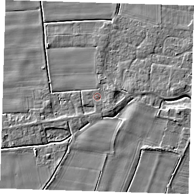Shaded relief map of the ground around PE135TF, computed from Environment Agency LiDAR. The ground here sits at about 3 m above sea level and falls 6 m across the surrounding 800 m. Surface water reaching this point runs off ground lying to the east-north-east, 1.2 m higher.