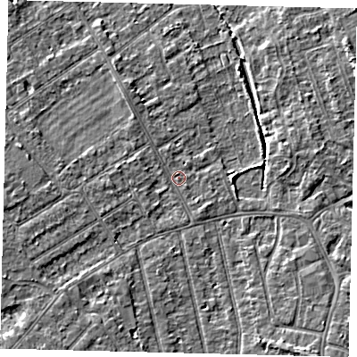 Shaded relief map of the ground around PE13LA, computed from Environment Agency LiDAR. The ground here sits at about 11 m above sea level and falls 5 m across the surrounding 800 m. Surface water reaching this point runs off ground lying to the west, 1.9 m higher.