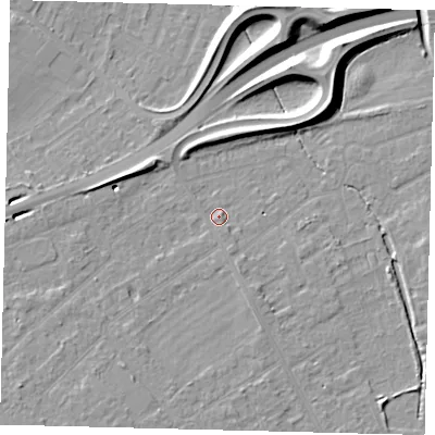 Shaded relief map of the ground around PE13LD, computed from Environment Agency LiDAR. The ground here sits at about 11 m above sea level and falls 10 m across the surrounding 800 m. Surface water reaching this point runs off ground lying to the south-east, 3.7 m higher.