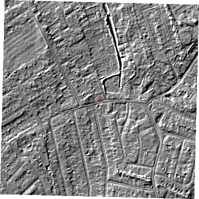 Shaded relief map of the ground around PE13RN, computed from Environment Agency LiDAR. The ground here sits at about 11 m above sea level and falls 5 m across the surrounding 800 m. Surface water reaching this point runs off ground lying to the south-south-east, 3.7 m higher.