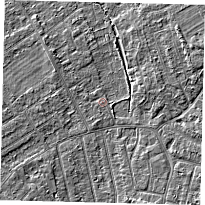 Shaded relief map of the ground around PE13RP, computed from Environment Agency LiDAR. The ground here sits at about 11 m above sea level and falls 5 m across the surrounding 800 m. Surface water reaching this point runs off ground lying to the west, 1.9 m higher.