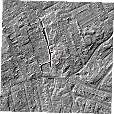 Shaded relief map of the ground around PE13RW, computed from Environment Agency LiDAR. The ground here sits at about 12 m above sea level and falls 5 m across the surrounding 800 m. Surface water reaching this point runs off ground lying to the east-south-east, 0.8 m higher.