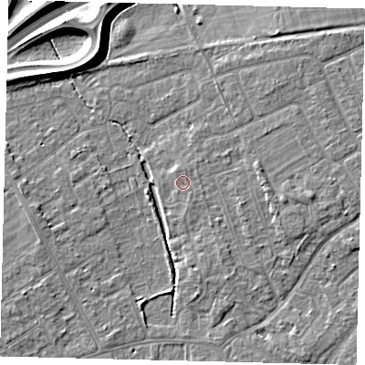 Shaded relief map of the ground around PE13RX, computed from Environment Agency LiDAR. The ground here sits at about 12 m above sea level and falls 10 m across the surrounding 800 m. Surface water reaching this point runs off ground lying to the east, 2.9 m higher.