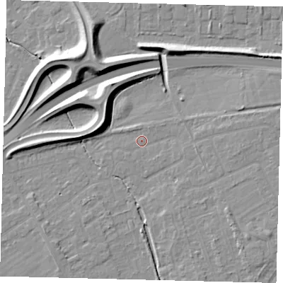 Shaded relief map of the ground around PE13XT, computed from Environment Agency LiDAR. The ground here sits at about 11 m above sea level and falls 12 m across the surrounding 800 m. Surface water reaching this point runs off ground lying to the east, 3.0 m higher.