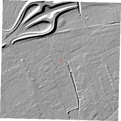 Shaded relief map of the ground around PE13XU, computed from Environment Agency LiDAR. The ground here sits at about 10 m above sea level and falls 11 m across the surrounding 800 m. Surface water reaching this point runs off ground lying to the east-south-east, 4.8 m higher.