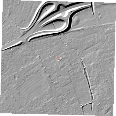 Shaded relief map of the ground around PE13XX, computed from Environment Agency LiDAR. The ground here sits at about 10 m above sea level and falls 10 m across the surrounding 800 m. Surface water reaching this point runs off ground lying to the east-south-east, 3.8 m higher.