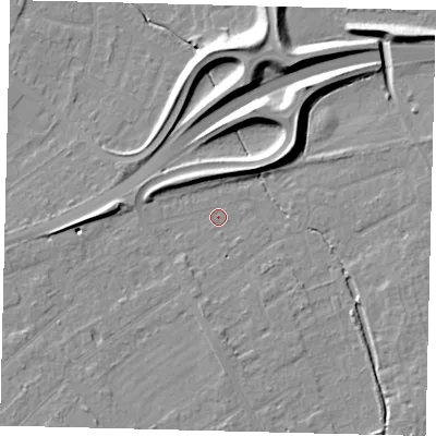 Shaded relief map of the ground around PE13XY, computed from Environment Agency LiDAR. The ground here sits at about 10 m above sea level and falls 12 m across the surrounding 800 m. Surface water reaching this point runs off ground lying to the south-east, 3.5 m higher.