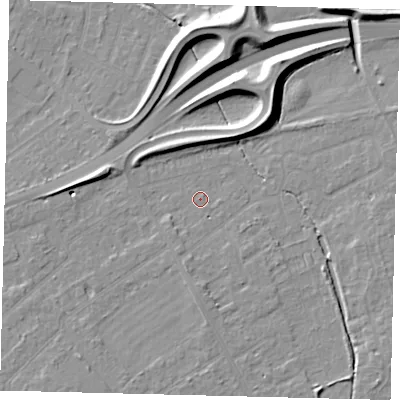 Shaded relief map of the ground around PE13XZ, computed from Environment Agency LiDAR. The ground here sits at about 10 m above sea level and falls 11 m across the surrounding 800 m. Surface water reaching this point runs off ground lying to the south-south-east, 3.8 m higher.